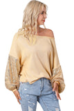 LC25123326-18-S, LC25123326-18-M, LC25123326-18-L, LC25123326-18-XL, LC25123326-18-2XL, Apricot Sequin Patchwork Sleeve Open Back Waffle Knit Top