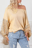 LC25123326-18-S, LC25123326-18-M, LC25123326-18-L, LC25123326-18-XL, LC25123326-18-2XL, Apricot Sequin Patchwork Sleeve Open Back Waffle Knit Top