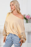 LC25123326-18-S, LC25123326-18-M, LC25123326-18-L, LC25123326-18-XL, LC25123326-18-2XL, Apricot Sequin Patchwork Sleeve Open Back Waffle Knit Top