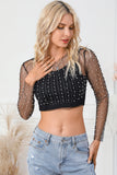 LC25122777-2-S, LC25122777-2-M, LC25122777-2-L, LC25122777-2-XL, Black Pearl and Rhinestone Detail Sheer Mesh Top
