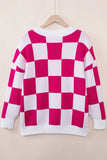 LC271943-P6-S, LC271943-P6-M, LC271943-P6-L, LC271943-P6-XL, LC271943-P6-2XL, Rose Red Contrast Checkered Print Button Up Sweater Cardigan 