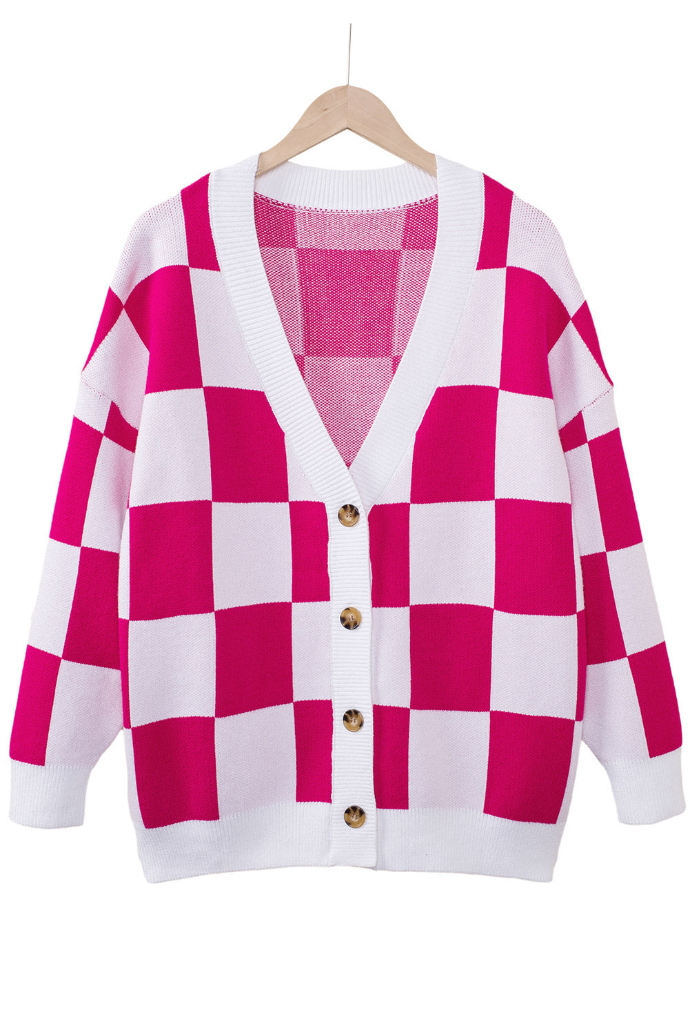 LC271943-P6-S, LC271943-P6-M, LC271943-P6-L, LC271943-P6-XL, LC271943-P6-2XL, Rose Red Contrast Checkered Print Button Up Sweater Cardigan 