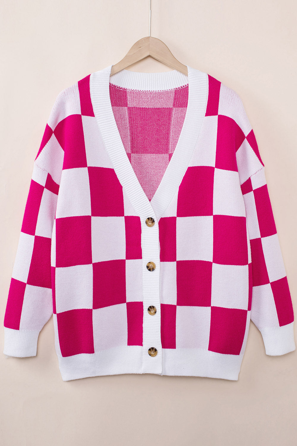 LC271943-P6-S, LC271943-P6-M, LC271943-P6-L, LC271943-P6-XL, LC271943-P6-2XL, Rose Red Contrast Checkered Print Button Up Sweater Cardigan 