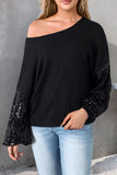 LC25123326-P2-S, LC25123326-P2-M, LC25123326-P2-L, LC25123326-P2-XL, LC25123326-P2-2XL, Black Sequin Patchwork Sleeve Open Back Waffle Knit Top
