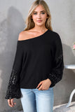 LC25123326-P2-S, LC25123326-P2-M, LC25123326-P2-L, LC25123326-P2-XL, LC25123326-P2-2XL, Black Sequin Patchwork Sleeve Open Back Waffle Knit Top