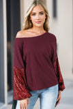 LC25123326-P503-S, LC25123326-P503-M, LC25123326-P503-L, LC25123326-P503-XL, LC25123326-P503-2XL, Burgundy Sequin Patchwork Sleeve Open Back Waffle Knit Top