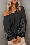 LC25123326-P2-S, LC25123326-P2-M, LC25123326-P2-L, LC25123326-P2-XL, LC25123326-P2-2XL, Black Sequin Patchwork Sleeve Open Back Waffle Knit Top