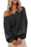 LC25123326-P2-S, LC25123326-P2-M, LC25123326-P2-L, LC25123326-P2-XL, LC25123326-P2-2XL, Black Sequin Patchwork Sleeve Open Back Waffle Knit Top