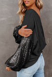 LC25123326-P2-S, LC25123326-P2-M, LC25123326-P2-L, LC25123326-P2-XL, LC25123326-P2-2XL, Black Sequin Patchwork Sleeve Open Back Waffle Knit Top