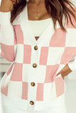 LC271943-10-S, LC271943-10-M, LC271943-10-L, LC271943-10-XL, LC271943-10-2XL, Pink Contrast Checkered Print Button Up Sweater Cardigan 