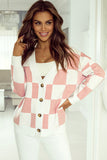 LC271943-10-S, LC271943-10-M, LC271943-10-L, LC271943-10-XL, LC271943-10-2XL, Pink Contrast Checkered Print Button Up Sweater Cardigan 