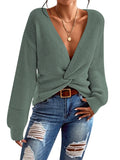 Women's Deep V Neck Long Sleeve Twsit Knot Cropped Knit Pullover Sweater