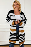 LC2711205-19-S, LC2711205-19-M, LC2711205-19-L, LC2711205-19-XL, Stripe Printed Drop Shoulder Open Front Long Cardigan