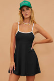 LC443748-P2-S, LC443748-P2-M, LC443748-P2-L, LC443748-P2-XL, LC443748-P2-2XL, Black Sporty Ribbed Spaghetti Straps One Piece Swimdress