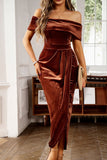 LC6118429-P2017-S, LC6118429-P2017-M, LC6118429-P2017-L, LC6118429-P2017-XL, Chestnut Velvet Off Shoulder Pleated Wrap Evening Dress