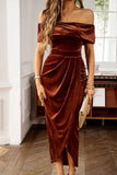 LC6118429-P2017-S, LC6118429-P2017-M, LC6118429-P2017-L, LC6118429-P2017-XL, Chestnut Velvet Off Shoulder Pleated Wrap Evening Dress