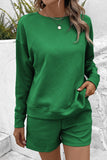 LC625104-9-S, LC625104-9-M, LC625104-9-L, LC625104-9-XL, LC625104-9-2XL, Green Textured Long Sleeve Top and Drawstring Shorts Set