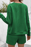 LC625104-9-S, LC625104-9-M, LC625104-9-L, LC625104-9-XL, LC625104-9-2XL, Green Textured Long Sleeve Top and Drawstring Shorts Set