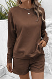 LC625104-17-S, LC625104-17-M, LC625104-17-L, LC625104-17-XL, LC625104-17-2XL, Brown Textured Long Sleeve Top and Drawstring Shorts Set