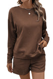 LC625104-17-S, LC625104-17-M, LC625104-17-L, LC625104-17-XL, LC625104-17-2XL, Brown Textured Long Sleeve Top and Drawstring Shorts Set