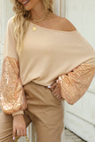 LC25123326-18-S, LC25123326-18-M, LC25123326-18-L, LC25123326-18-XL, LC25123326-18-2XL, Apricot Sequin Patchwork Sleeve Open Back Waffle Knit Top