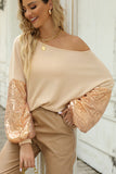 LC25123326-18-S, LC25123326-18-M, LC25123326-18-L, LC25123326-18-XL, LC25123326-18-2XL, Apricot Sequin Patchwork Sleeve Open Back Waffle Knit Top