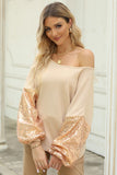 LC25123326-18-S, LC25123326-18-M, LC25123326-18-L, LC25123326-18-XL, LC25123326-18-2XL, Apricot Sequin Patchwork Sleeve Open Back Waffle Knit Top