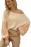 LC25123326-18-S, LC25123326-18-M, LC25123326-18-L, LC25123326-18-XL, LC25123326-18-2XL, Apricot Sequin Patchwork Sleeve Open Back Waffle Knit Top