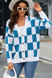 LC271943-5-S, LC271943-5-M, LC271943-5-L, LC271943-5-XL, LC271943-5-2XL, Blue Contrast Checkered Print Button Up Sweater Cardigan 