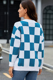 LC271943-5-S, LC271943-5-M, LC271943-5-L, LC271943-5-XL, LC271943-5-2XL, Blue Contrast Checkered Print Button Up Sweater Cardigan 