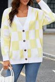 LC271943-7-S, LC271943-7-M, LC271943-7-L, LC271943-7-XL, LC271943-7-2XL, Yellow Contrast Checkered Print Button Up Sweater Cardigan 