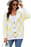 LC271943-7-S, LC271943-7-M, LC271943-7-L, LC271943-7-XL, LC271943-7-2XL, Yellow Contrast Checkered Print Button Up Sweater Cardigan 