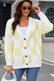 LC271943-7-S, LC271943-7-M, LC271943-7-L, LC271943-7-XL, LC271943-7-2XL, Yellow Contrast Checkered Print Button Up Sweater Cardigan 