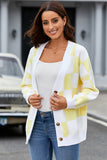 LC271943-7-S, LC271943-7-M, LC271943-7-L, LC271943-7-XL, LC271943-7-2XL, Yellow Contrast Checkered Print Button Up Sweater Cardigan 