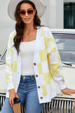 LC271943-7-S, LC271943-7-M, LC271943-7-L, LC271943-7-XL, LC271943-7-2XL, Yellow Contrast Checkered Print Button Up Sweater Cardigan 