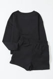 LC625104-2-S, LC625104-2-M, LC625104-2-L, LC625104-2-XL, LC625104-2-2XL, Black Textured Long Sleeve Top and Drawstring Shorts Set