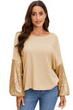 LC25123326-18-S, LC25123326-18-M, LC25123326-18-L, LC25123326-18-XL, LC25123326-18-2XL, Apricot Sequin Patchwork Sleeve Open Back Waffle Knit Top