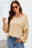 LC25123326-18-S, LC25123326-18-M, LC25123326-18-L, LC25123326-18-XL, LC25123326-18-2XL, Apricot Sequin Patchwork Sleeve Open Back Waffle Knit Top
