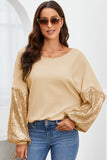 LC25123326-18-S, LC25123326-18-M, LC25123326-18-L, LC25123326-18-XL, LC25123326-18-2XL, Apricot Sequin Patchwork Sleeve Open Back Waffle Knit Top