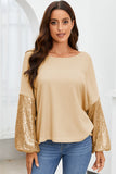 LC25123326-18-S, LC25123326-18-M, LC25123326-18-L, LC25123326-18-XL, LC25123326-18-2XL, Apricot Sequin Patchwork Sleeve Open Back Waffle Knit Top