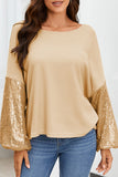 LC25123326-18-S, LC25123326-18-M, LC25123326-18-L, LC25123326-18-XL, LC25123326-18-2XL, Apricot Sequin Patchwork Sleeve Open Back Waffle Knit Top