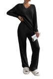 LC625308-P2-S, LC625308-P2-M, LC625308-P2-L, LC625308-P2-XL, Black Ribbed Knit V Neck Slouchy Two-piece Outfit
