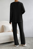 LC625308-P2-S, LC625308-P2-M, LC625308-P2-L, LC625308-P2-XL, Black Ribbed Knit V Neck Slouchy Two-piece Outfit