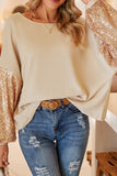 LC25123326-18-S, LC25123326-18-M, LC25123326-18-L, LC25123326-18-XL, LC25123326-18-2XL, Apricot Sequin Patchwork Sleeve Open Back Waffle Knit Top