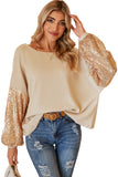 LC25123326-18-S, LC25123326-18-M, LC25123326-18-L, LC25123326-18-XL, LC25123326-18-2XL, Apricot Sequin Patchwork Sleeve Open Back Waffle Knit Top