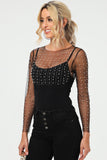 LC25122777-2-S, LC25122777-2-M, LC25122777-2-L, LC25122777-2-XL, Black Pearl and Rhinestone Detail Sheer Mesh Top