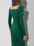 Women's Sexy Ruched Bodycon Dress Square Neck Long Sleeve Backless Knit Party Club Midi Dresses