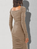 Women's Sexy Ruched Bodycon Dress Square Neck Long Sleeve Backless Knit Party Club Midi Dresses