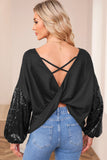 LC25123326-P2-S, LC25123326-P2-M, LC25123326-P2-L, LC25123326-P2-XL, LC25123326-P2-2XL, Black Sequin Patchwork Sleeve Open Back Waffle Knit Top
