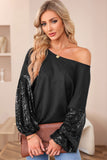 LC25123326-P2-S, LC25123326-P2-M, LC25123326-P2-L, LC25123326-P2-XL, LC25123326-P2-2XL, Black Sequin Patchwork Sleeve Open Back Waffle Knit Top